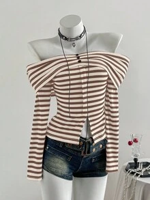 SHEIN Unity 黑白罗纹露肩褶饰纽扣装饰前开衩修身长袖 T 恤，时尚简约优雅，适合通勤、休闲、日常、外出、约会、秋冬 - 棕色 - 查看 1