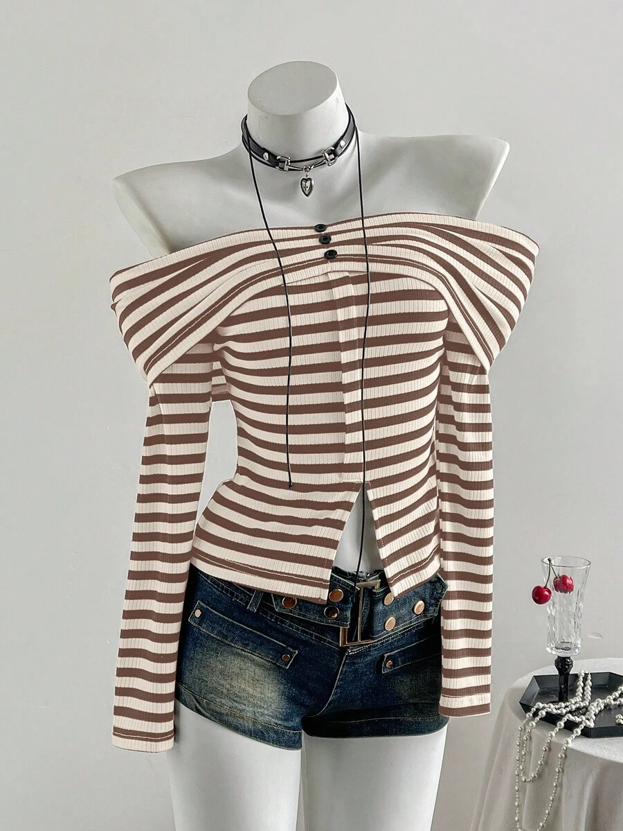 SHEIN Unity Áo thun tay dài hở vai, nút nhún, họa tiết sọc đen trắng, xẻ tà phía trước, thời trang tối giản, thanh lịch, thích hợp mặc khi đi làm, thường ngày, hàng ngày, đi chơi, hẹn hò, thu/đông - màu nâu - Xem 1