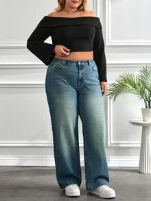EURMUSE PLUS SIZE HIGH WAIST JEANS DENIM PLUS SIZE HIGH WAIST JEANS Jeans Wide Leg Curvy Jeans Plus Size Jeans Plus Size Wide Leg Jeans - أزرق متوسط - مشاهدة 1