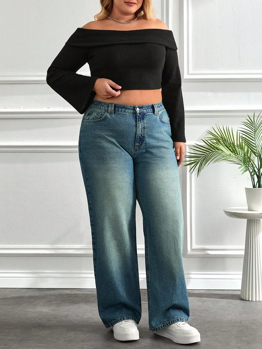 EURMUSE PLUS SIZE HIGH WAIST JEANS DENIM PLUS SIZE HIGH WAIST JEANS Jeans Wide Leg Curvy Jeans Plus Size Jeans Plus Size Wide Leg Jeans - أزرق متوسط - مشاهدة 1