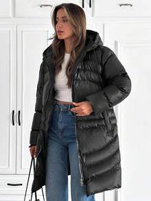 SHEIN Cottnline Women Solid Color Zipper And Pocket Detailed Long Winter Coats - Black - View 4