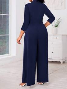 SHEIN Lady 大码女式蓝色无袖阔腿连体裤 V 领长袖交叉领珍珠装饰演唱会女装女式连体裤 四季蓝色长袖女式连体裤 - 藏蓝色 - 查看 2