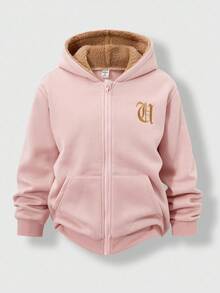 SHEIN Explorewe 1 件 Tween Girl 保暖内衬宽松休闲拉链连帽夹克，彩色刺绣设计，前拉链开合，适合外出、返校、秋季、冬季、春季 - 粉色 - 查看 1