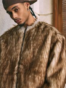 AXEPEAK 男士休闲拉链圆领仿皮草夹克，秋冬 - 咖啡棕 - 查看 5