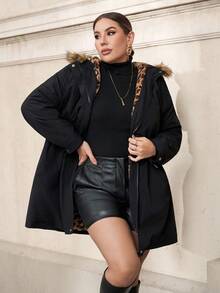 SHEIN Clasi Plus Size Women Leopard Print Lined Long Sleeve Zip Front Drawstring Waist Hooded Parka Jacket,Black,Autumn,Casual,Hiking Warm Outerwear With Pocket - Black - View 9