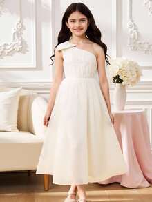 Vestido con volantes de malla, escote con hombros al descubierto, detalles de perlas y rhinestones y moño para niñas preadolescentes - Blanco - Ver 6