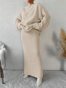 EURMUSE Bộ 2 món áo len dệt kim trơn màu thường ngày dành cho nữ, Thu/Đông - trắng - Xem 3