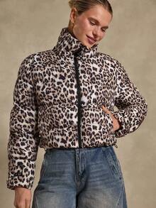 Bóhologie All Over Leopard Printed, Zip Up, Crop Winter Coat - Multicolor - View 1