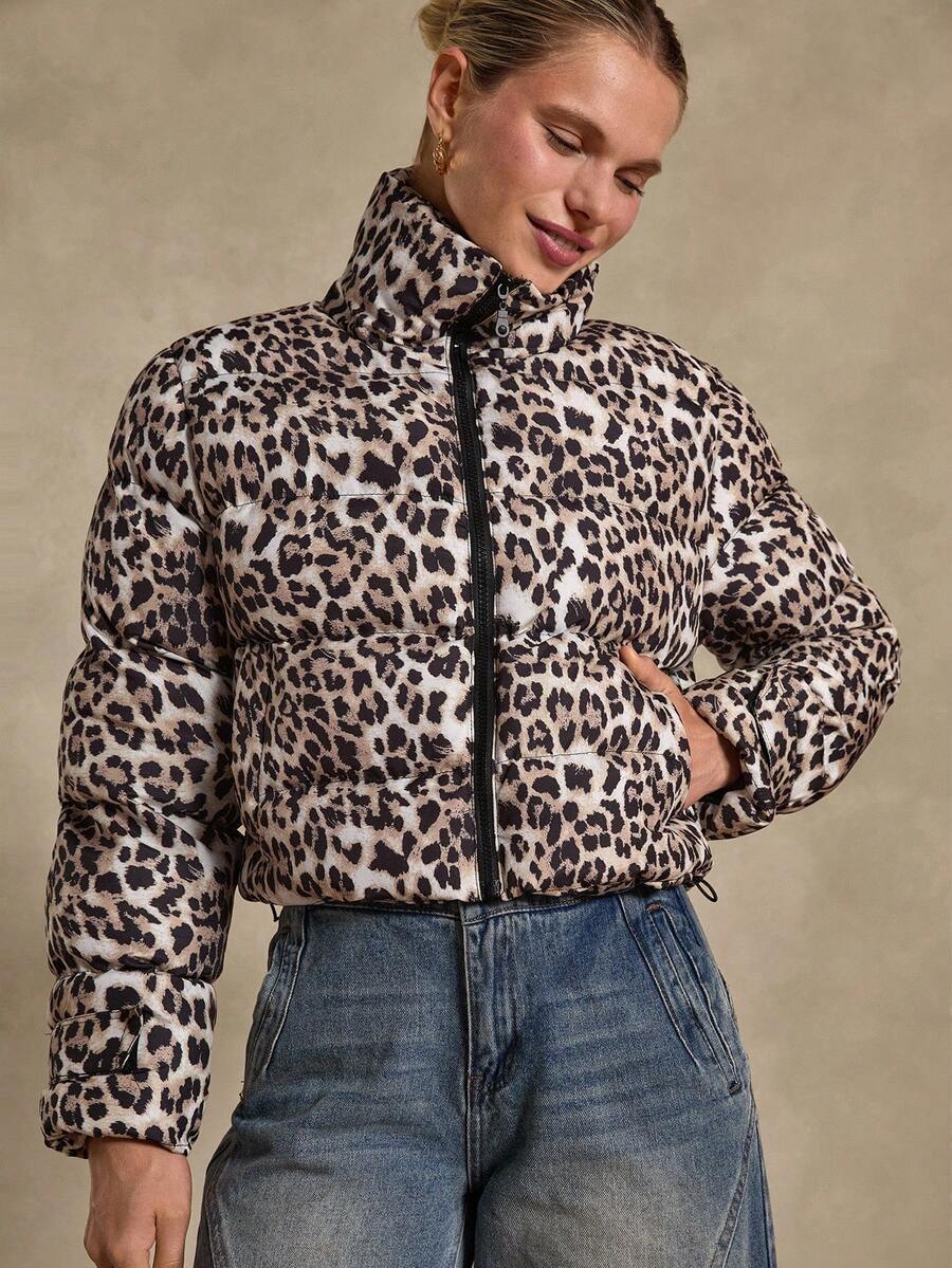 Bóhologie All Over Leopard Printed, Zip Up, Crop Winter Coat - Multicolor - View 1