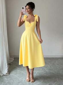 Selianne 无袖系带蝴蝶结装饰腰部A字型优雅浪漫女士连衣裙 - 奶油色 - 查看 6