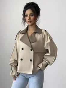 Selianne Women's Elegant Casual Commuter Khaki Patchwork Olive Green Lapel Double-Breasted Pocket Design Sleeve Decorative Short Loose Casual Jacket Windbreaker Fall Winter Cloth For Women - Khaki - View 5