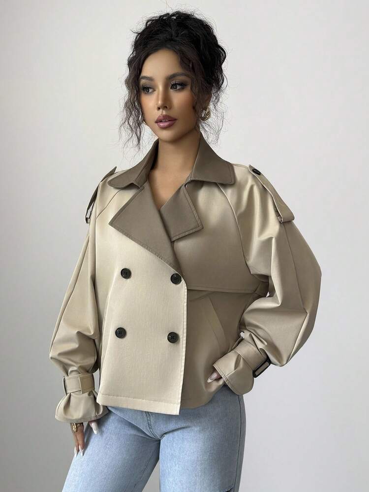 Selianne Women's Elegant Casual Commuter Khaki Patchwork Olive Green Lapel Double-Breasted Pocket Design Sleeve Decorative Short Loose Casual Jacket Windbreaker Fall Winter Cloth For Women - Khaki - View 5