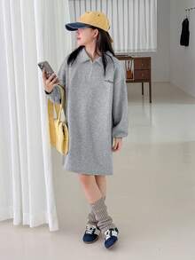 DAZY Tween Girl Fall Clothes Polo Collar Letter Print Knit Fashion Dress - Grey - View 4