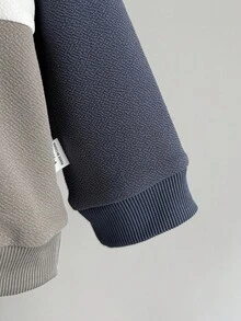 SHEIN 2pcs Boys Casual Colorblock Sweatshirt Set, Navy Blue Gray White Striped Crew Neck Top + Jogger Pants, Autumn/Winter Fall - Multicolor - View 3