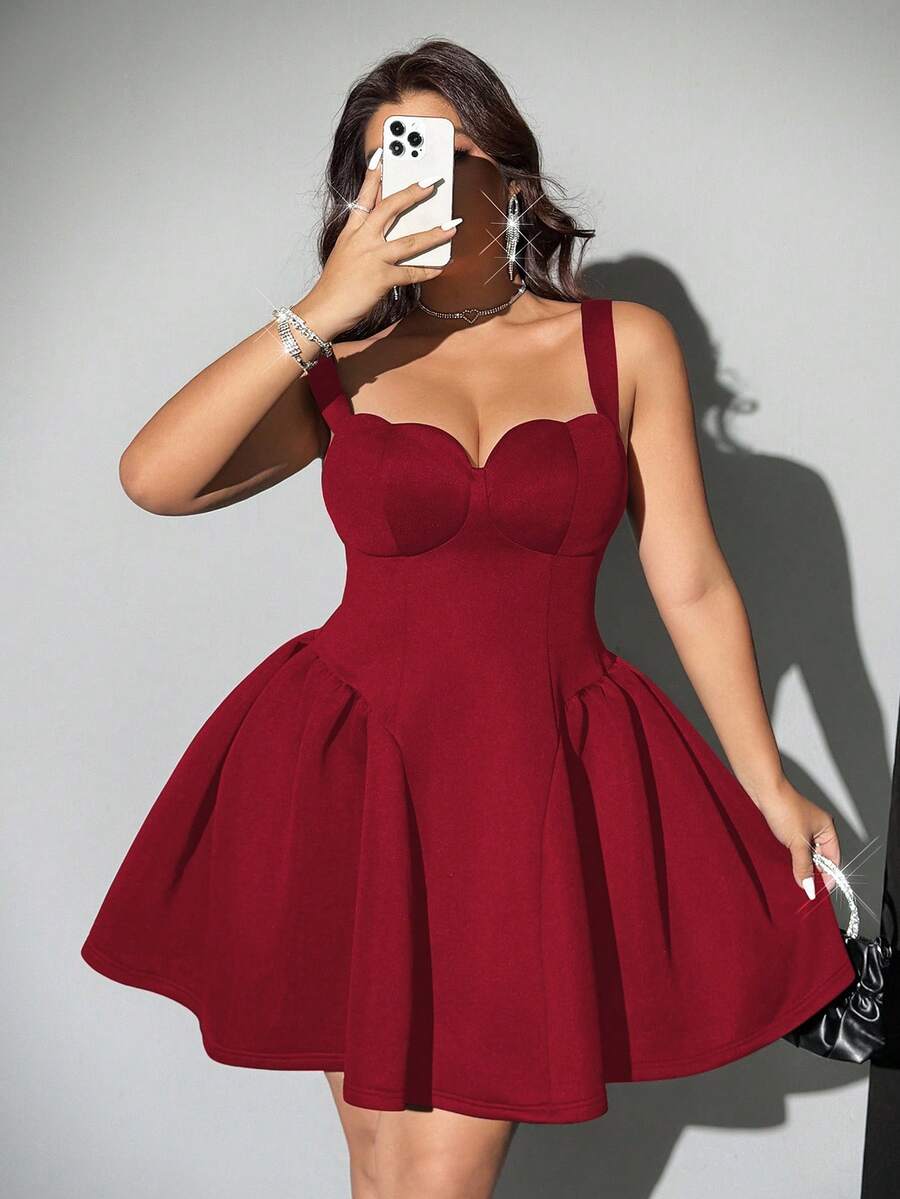 Viva Relle Vestido elegante de talla grande de unicolor con copa de corazón y tirantes - Rojo - Ver 1