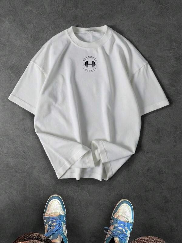 Sport MetroGents Men's White Knitted Short Sleeve Graphic Tee For Casual And Fitness Wear Personal Trainer T Shirt Gym T Shirt Workout T Shirt Baggy T Shirt Oversized T Shirt