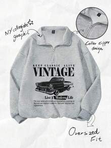 Attitoon Áo nỉ nữ cỡ lớn dáng rộng cổ cao khóa kéo nửa thân in hình xe hơi cổ điển, thích hợp cho mùa thu/đông, phong cách Y2K, áo nỉ phong cách đường phố mùa thu, áo nỉ xe hơi cổ điển, áo nỉ nữ màu xám, áo nỉ cổ điển retro, áo nỉ in hình cổ điển. - Xám - Xem 10