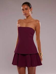 SHEIN BAE 女士优雅纯色褶边迷你吊带连衣裙，夏季 - 酒紅色 - 查看 6