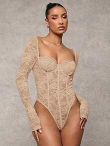 SHEIN BAE 黑色性感蕾丝内衣，迷人的长袖透明紧身衣，适合日常穿着、约会和夜间外出 - 卡其色 - 查看 5
