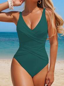 Swim Lushoire 女士休闲褶皱拼接紧身优雅露背连体泳衣，适合运动和海滩