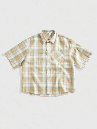 Street Life Camicia casual da uomo estiva con stampa di slogan a quadri, manica corta, monopetto, con tasche