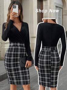 EMERY ROSE 女士优雅通勤格子拼布中长连衣裙 - 彩色 - 查看 1