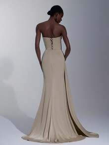 Elitara 优雅缎面无肩带花卉贴花腰部褶皱侧垂褶美人鱼式可调节系带连衣裙，适合约会、度假、单身派对、节日、婚礼、正式活动、情人节等场合。 - 香檳色 - 查看 4