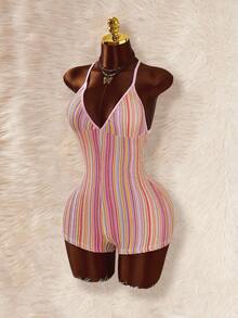 Amplova Spaghetti Strap Triangle Cup Textured Bohemian Style Backless Criss-Cross Strap Bodycon Romper - Purple - View 3