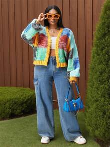 Slaydiva Plus Size Women's Contrast Color Block Chunky Knit Cardigan,Yellow Autumn Everyday Smart Casual Drop Shoulder Loose Crochet Knitted Cardigan For Fall - Multicolor - View 5