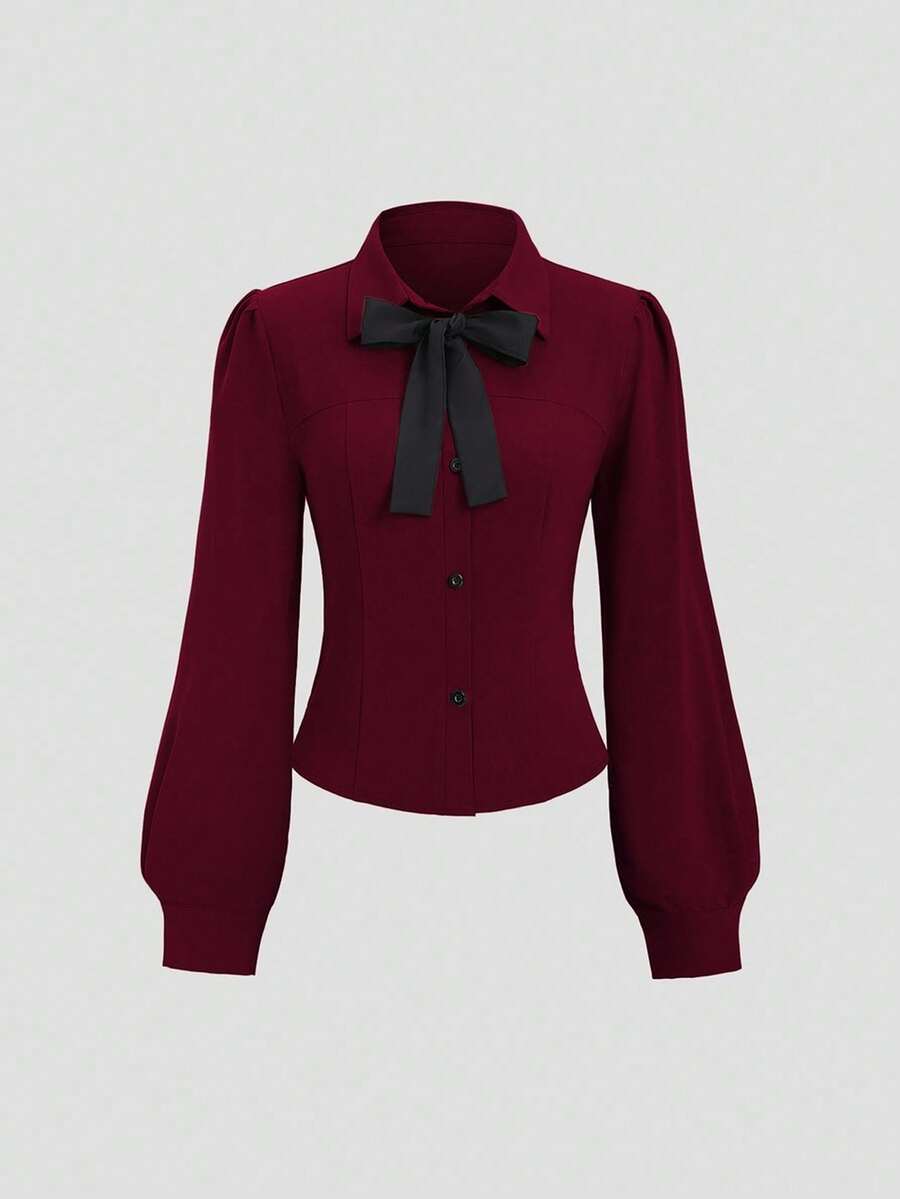 Sweetra Blusa ajustada con decoración de lazo y mangas de farol, elegante para mujer, adecuada para el trabajo y el transporte, primavera/otoño - Burdeos - Ver 1
