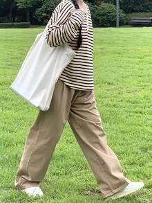 DAZY 大码落肩条纹T恤，配色设计，秋季服装，返校服装长袖女上衣 - 黑與白 - 查看 5