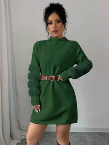 Elenzga Solid Color Casual Long Sleeve Women Sweater Dress - Dark Green - View 5