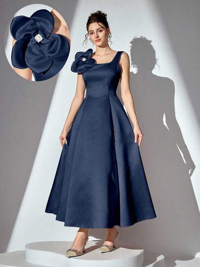 Poshira 优雅简约纯色3D花卉装饰无袖女式晚礼服