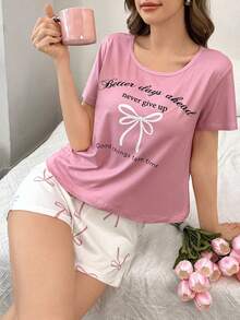 Bow & Letter Print Short Sleeve Shorts Pajama Set - Multicolor - View 4