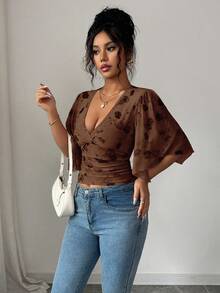 Elenzga Áo thun tay loe in hoa thanh lịch dành cho nữ, mùa hè - Cà phê nâu - Xem 4