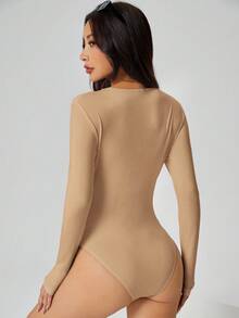 SHEIN PETITE Solid Long Sleeve Slim Fit White T-Shirt Bodysuit