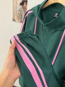 SHEIN EZwear 大码女式休闲侧条纹连帽绿色夹克 - 綠色 - 查看 4