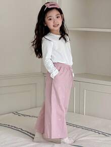 DAZY Set Piyama Atasan dan Celana Panjang Leher Bulat Warna Polos untuk Anak Perempuan - Putih - View 1