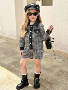 SHEIN Elladie kids 小女孩可爱黑白长袖假口袋设计外套搭配舒适运动短裤，秋冬套装 - 黑色 - 查看 4