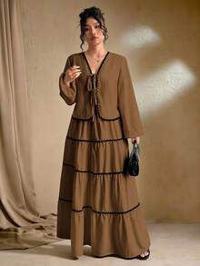 SHEIN Tall 加大码女式编织纹理长袖开衫，搭配系带腰带、撞色荷叶边下摆设计、松紧腰长裙、法式优雅浪漫两件套 - 咖啡棕 - 查看 4