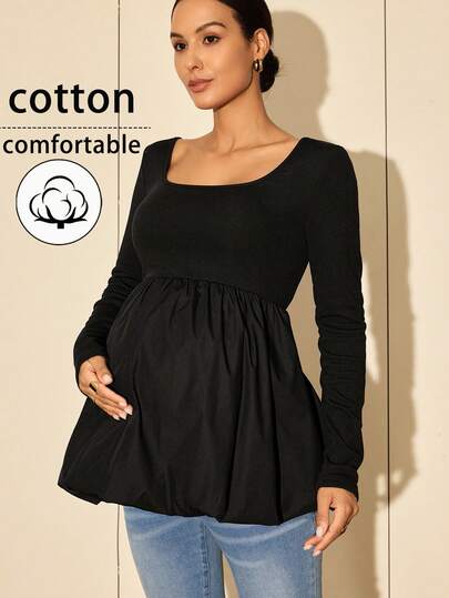 MaterniWear Maternity Work,Maternity Work,Maternity Work Shirts,Office,Business Casual Woman,Fall,Autumn,Maternity Autumn Solid Color Square Neck Long Sleeve Ruffle Hem Casual T-Shirt Maternity Tops Black Maternity Top Long Sleeve Maternity Top Pregnancy Maternity Babydoll Top Babydoll Maternity Top