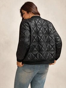 Zelara Plus Size Solid Color Casual Warm Jacket, Autumn/Winter Plus Size Jackets Quilted Bomber Jacket Women Quilted Jackets Plus Size Quilted Jacket Plus Size Bomber Jacket Plus Size Winter Clothes Plus Size Fall Clothing Women Jackets Black Jacket Women Women Jackets - Black - View 5
