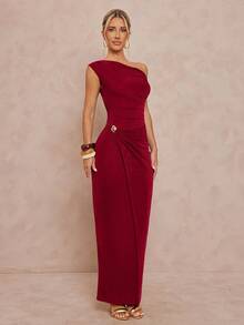 Lumalex Asymmetric Shoulder Exposed Shoulder Metal Decor Waist Fitted Dress For Women - Red - View 8