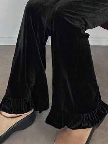 FRIFUL Women's Black Solid Color Elastic Waist Velvet Flare Leg Pants With Frill Trim Decoration, Autumn Ladies - Black - View 6
