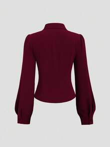 Sweetra Blusa ajustada con decoración de lazo y mangas de farol, elegante para mujer, adecuada para el trabajo y el transporte, primavera/otoño - Burdeos - Ver 2