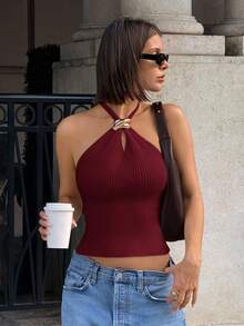 Siren Gaze Áo len cổ yếm trang trí kim loại mới 2025 dành cho nữ vào mùa thu/đông - Màu Đỏ Sâu - Xem 5