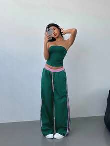 Aloruh Pantalones rectos de cintura baja con cordón, estampado de color contrastante a rayas, estilo deportivo para mujer