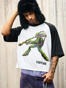 ROMWE MEN TEENAGE MUTANT NINJA TURTLES X ROMWE 男士休闲时尚街头卡通乌龟与口号图案撞色插肩袖宽松 T 恤，夏季 - 黑與白 - 查看 6