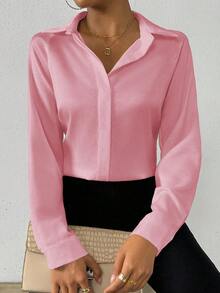 SHEIN PETITE Women's Solid Color Satin Simple Shirt With Asymmetric Hem - Pink - View 5