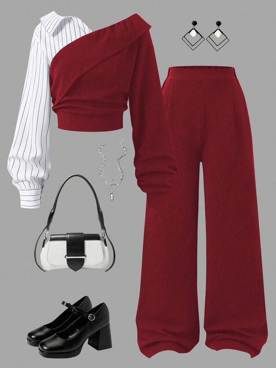 SHEIN 2 pezzi/set Outfit elegante e alla moda per ragazze adolescenti, completo con blusa a righe di colore solido + pantaloni larghi e morbidi, adatto per l'autunno e l'inverno - Bordò - Visualizzare 1